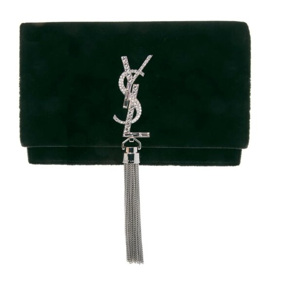 NWT YSL Saint Laurent Green Velvet Crystal Monogram Kate Clutch Chain Shoulder - Picture 1 of 8
